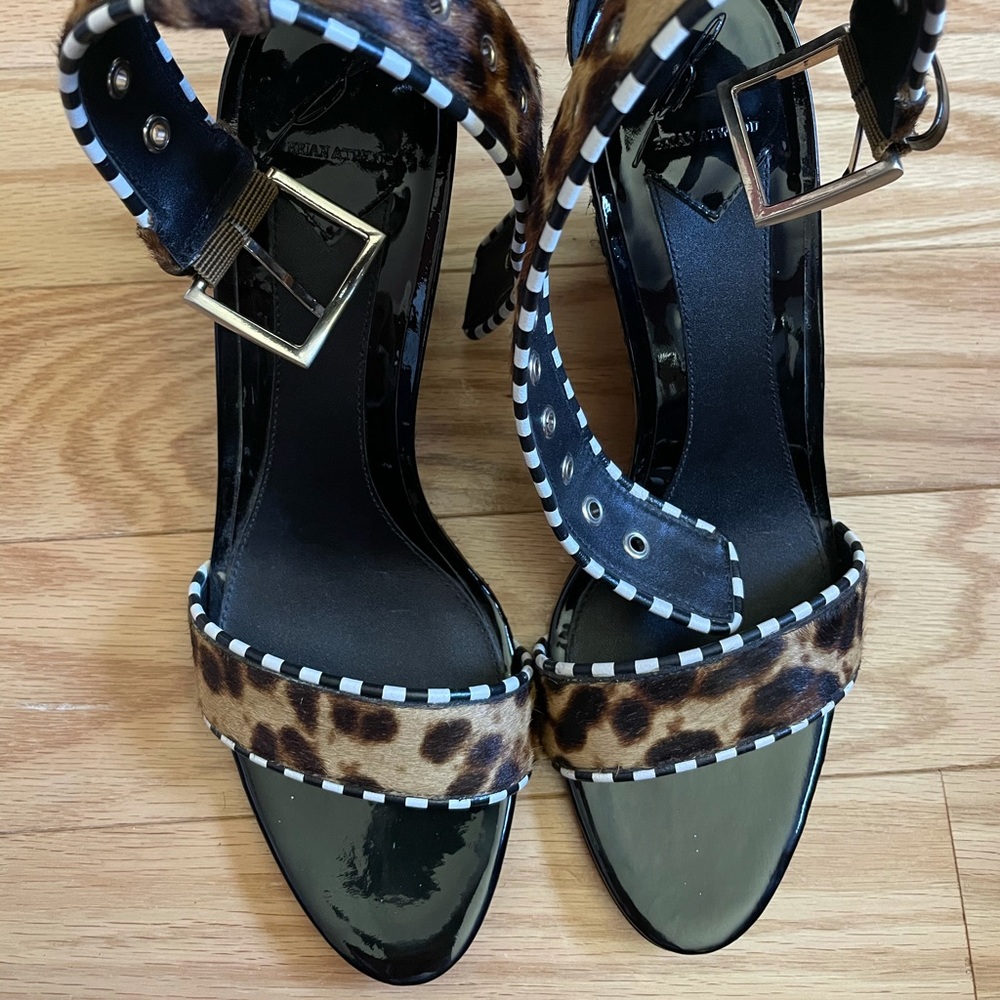 B Brian Atwood Patent/Pony Hair Wedge Sandal